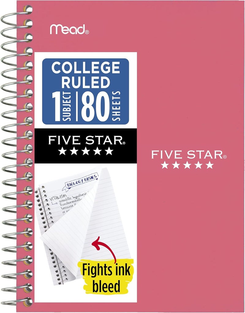 Five Star Spiral Notebook, 1 Subject, College Ruled Paper, Personal Size, 4-3/8" x 7", 80 Sheets, Fights Ink Bleed, Water Resistant Cover, Prom Pink (450048R) - Image 1